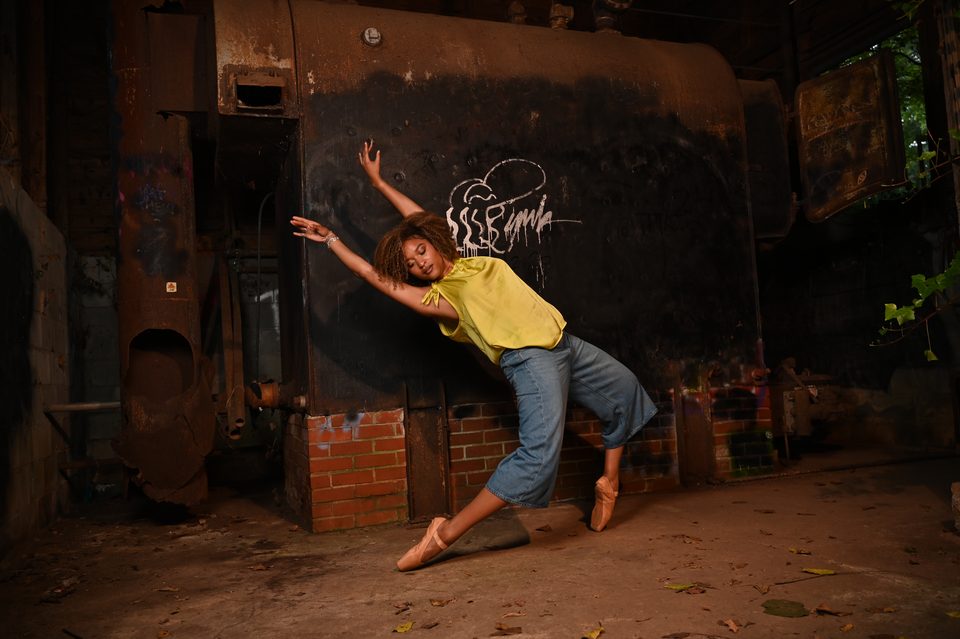 Mid-air in a doorway